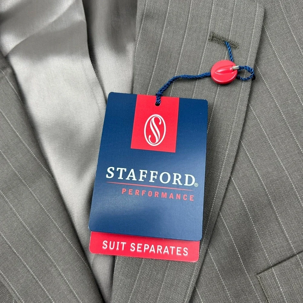Stafford Performance Classic Fit Worsted‎ Wool Blazer Mens 48R Taupe Striped NEW